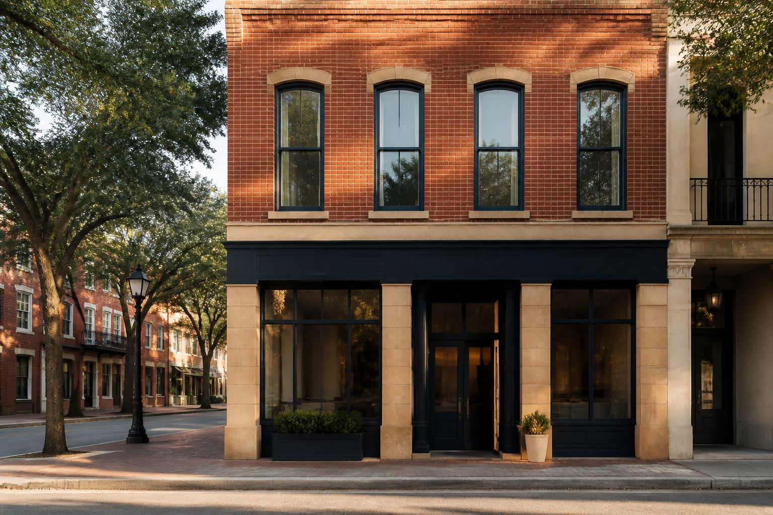A historic brick office building on a calm downtown street