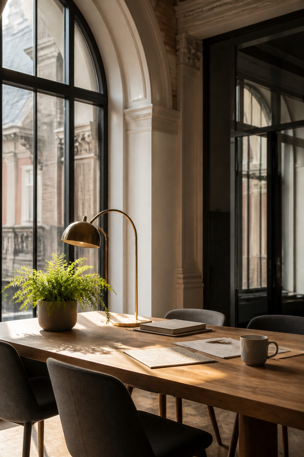 A communal work table near an arched window with a brass lamp