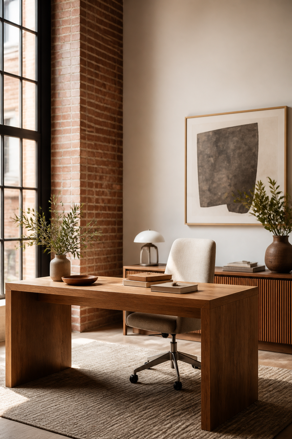 A bright private office with wood desk and exposed brick wall